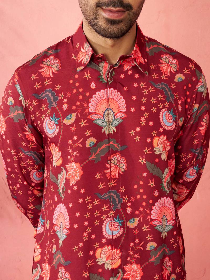 Maroon rayon kurta with cream flare pant - digital print set