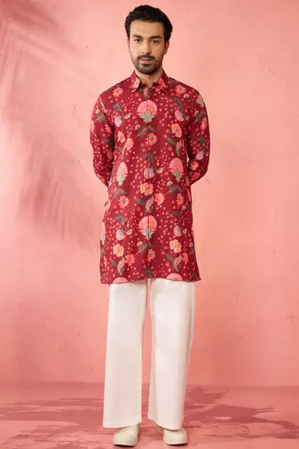 Maroon rayon kurta with cream flare pant - digital print set