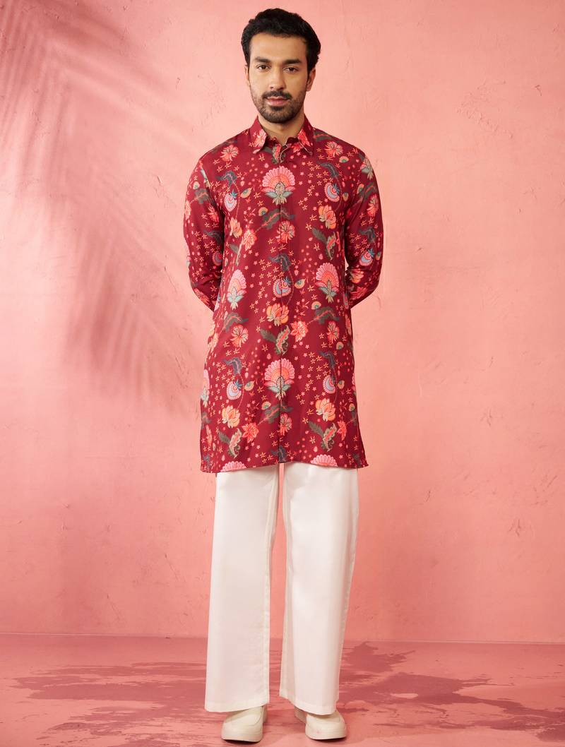Maroon rayon kurta with cream flare pant - digital print set