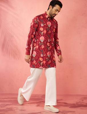 Maroon rayon kurta with cream flare pant - digital print set 4