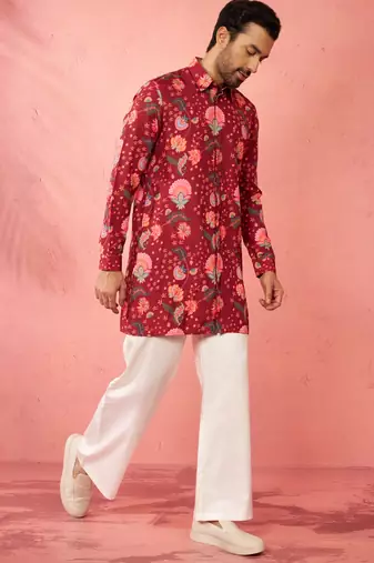 Maroon rayon kurta with cream flare pant - digital print set