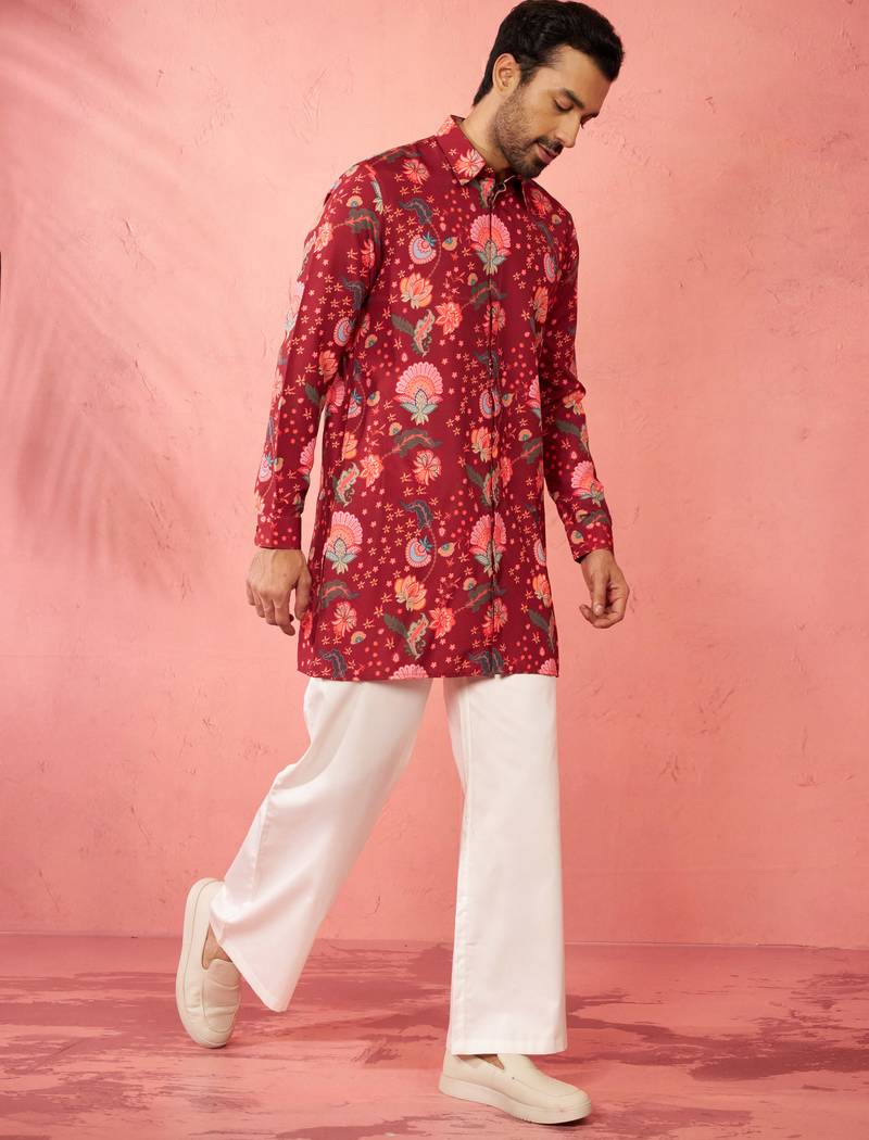 Maroon rayon kurta with cream flare pant - digital print set