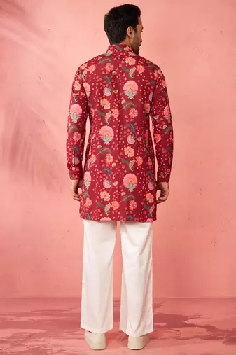 Maroon rayon kurta with cream flare pant - digital print set