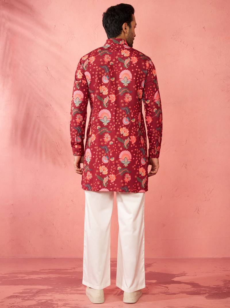 Maroon rayon kurta with cream flare pant - digital print set