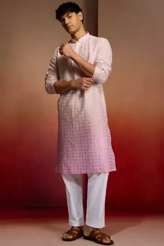 Onion cotton sequin ombre kurta with white trousers - festive set