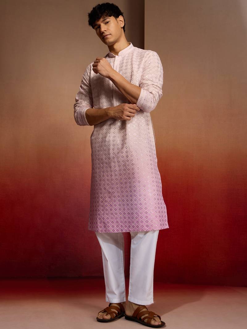 Onion cotton sequin ombre kurta with white trousers - festive set