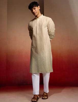 Beige cotton sequin ombre kurta with white trousers - festive set 1