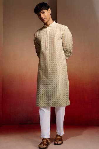 Beige cotton sequin ombre kurta with white trousers - festive set