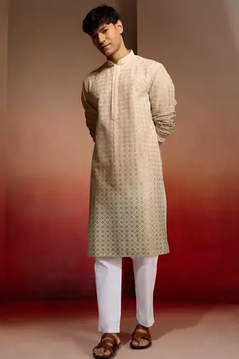 Beige cotton sequin ombre kurta with white trousers - festive set