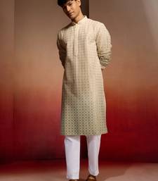 Beige cotton sequin ombre kurta with white trousers - festive set