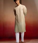 Beige cotton sequin ombre kurta with white trousers - festive set