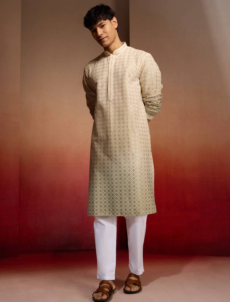 Beige cotton sequin ombre kurta with white trousers - festive set