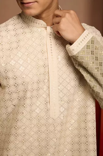 Beige cotton sequin ombre kurta with white trousers - festive set
