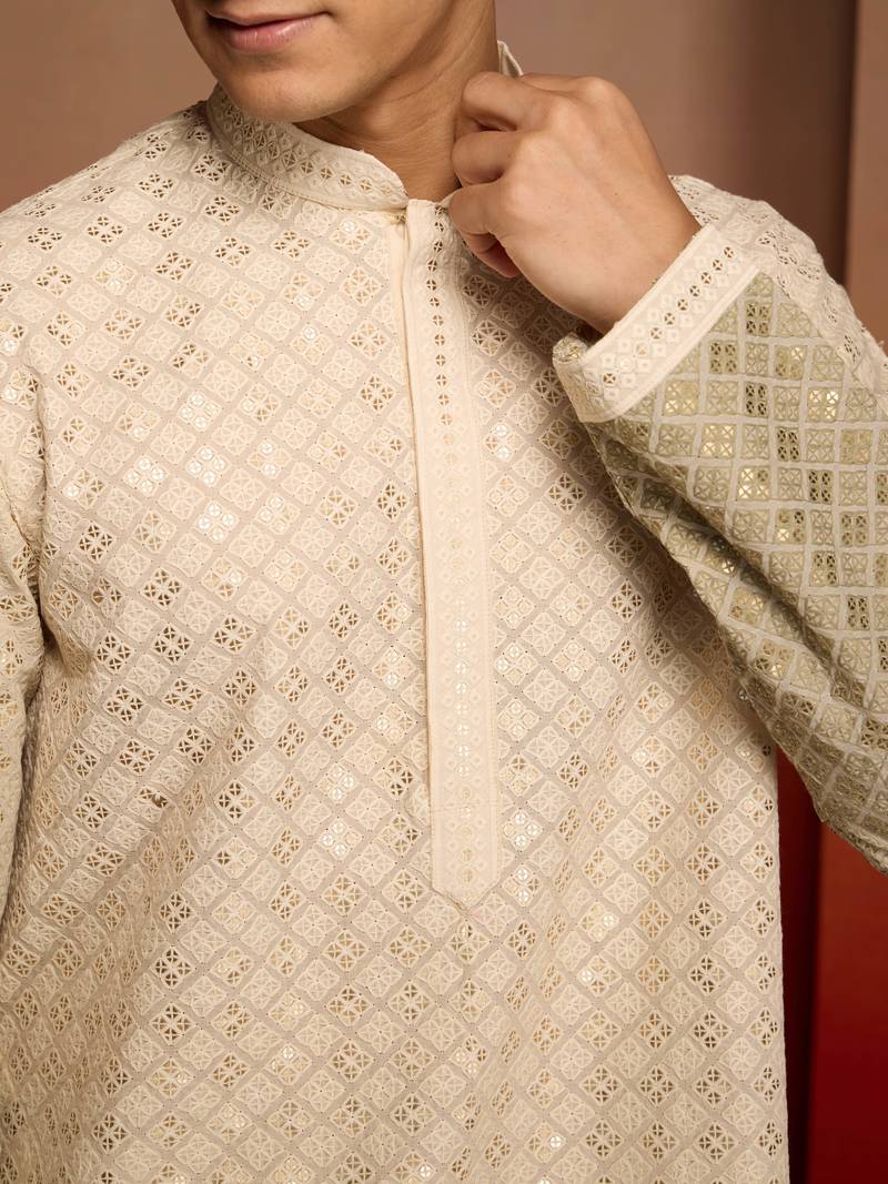 Beige cotton sequin ombre kurta with white trousers - festive set