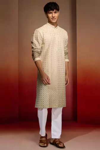 Beige cotton sequin ombre kurta with white trousers - festive set