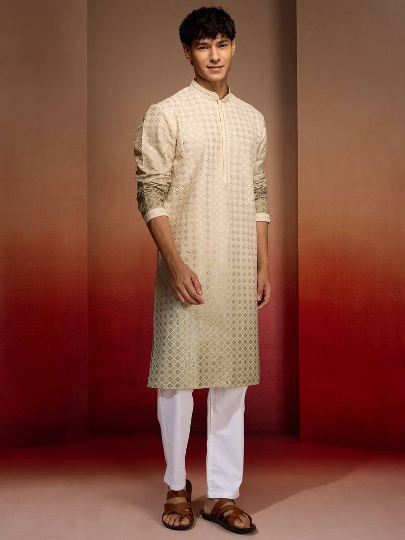 Beige cotton sequin ombre kurta with white trousers - festive set