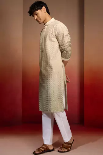 Beige cotton sequin ombre kurta with white trousers - festive set