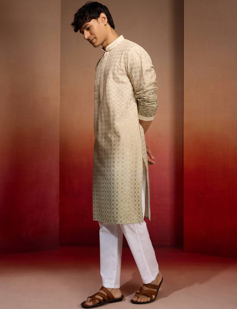 Beige cotton sequin ombre kurta with white trousers - festive set