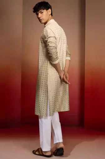 Beige cotton sequin ombre kurta with white trousers - festive set