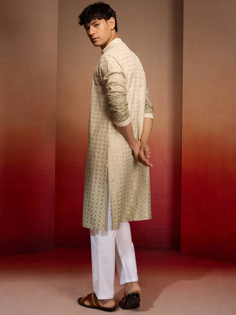 Beige cotton sequin ombre kurta with white trousers - festive set