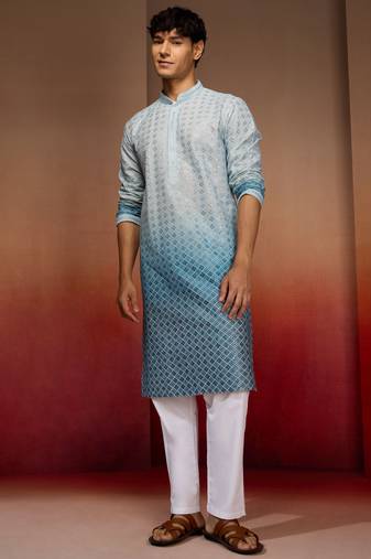Aqua cotton sequin ombre kurta with white trousers - festive set