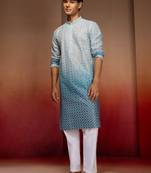 Aqua cotton sequin ombre kurta with white trousers - festive set