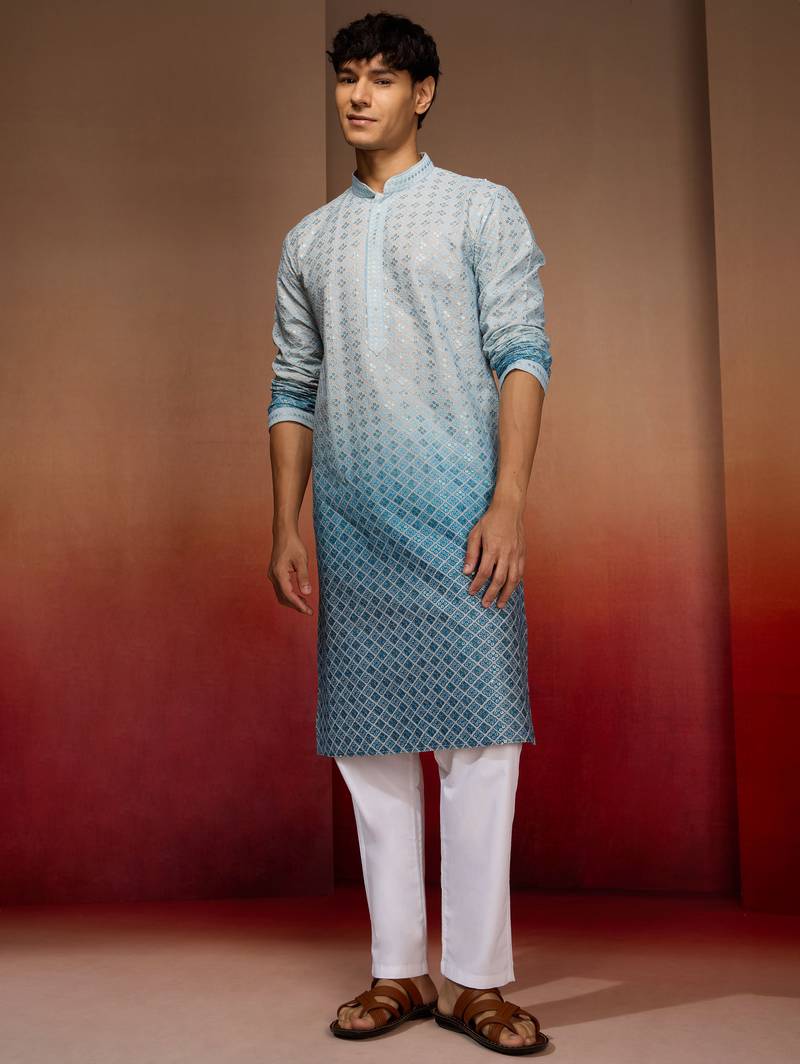 Aqua cotton sequin ombre kurta with white trousers - festive set