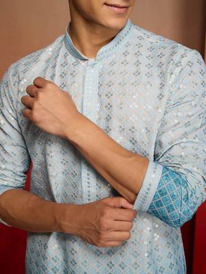 Aqua cotton sequin ombre kurta with white trousers - festive set 2