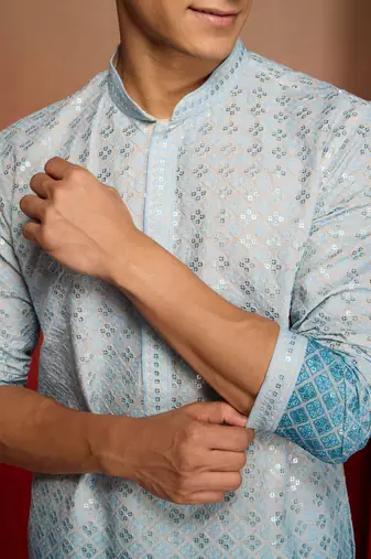 Aqua cotton sequin ombre kurta with white trousers - festive set