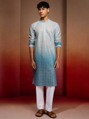 Aqua cotton sequin ombre kurta with white trousers - festive set 3