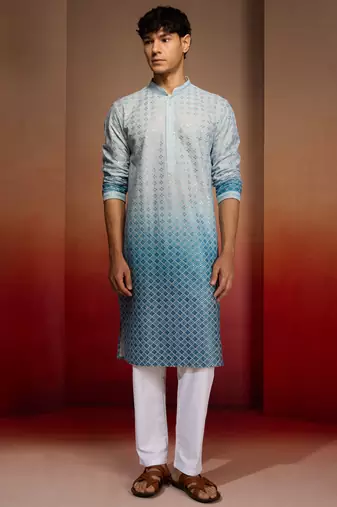 Aqua cotton sequin ombre kurta with white trousers - festive set