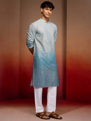 Aqua cotton sequin ombre kurta with white trousers - festive set 4