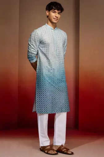 Aqua cotton sequin ombre kurta with white trousers - festive set