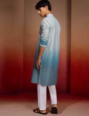 Aqua cotton sequin ombre kurta with white trousers - festive set 5