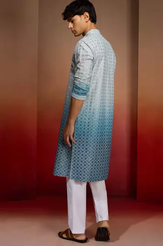 Aqua cotton sequin ombre kurta with white trousers - festive set