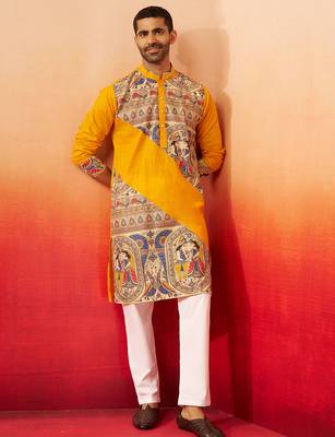 yellow digital print kurta with pyjama - high neck traditional set 1