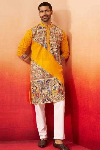 yellow digital print kurta with pyjama - high neck traditional set