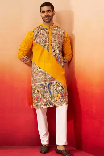 yellow digital print kurta with pyjama - high neck traditional set