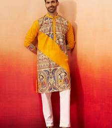 yellow digital print kurta with pyjama - high neck traditional set