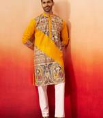 yellow digital print kurta with pyjama - high neck traditional set