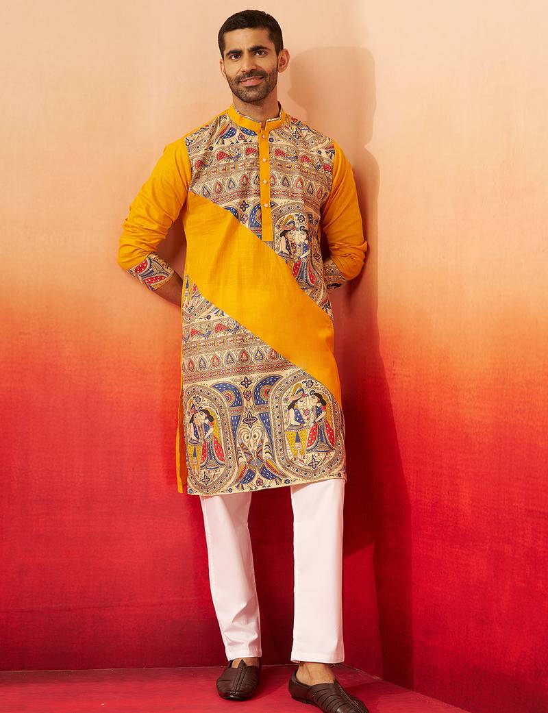yellow digital print kurta with pyjama - high neck traditional set