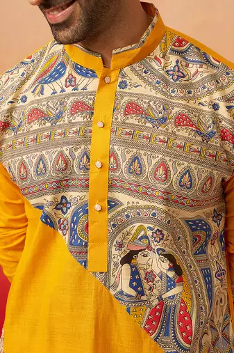yellow digital print kurta with pyjama - high neck traditional set