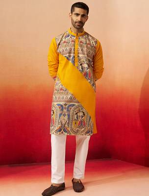 yellow digital print kurta with pyjama - high neck traditional set 3
