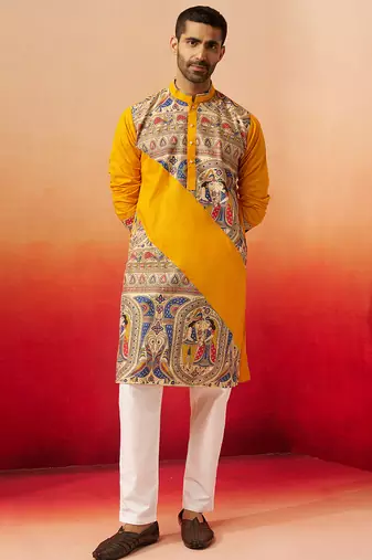yellow digital print kurta with pyjama - high neck traditional set