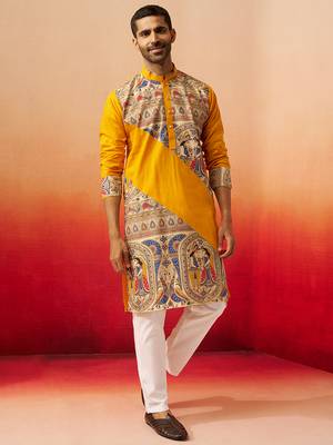 yellow digital print kurta with pyjama - high neck traditional set 4