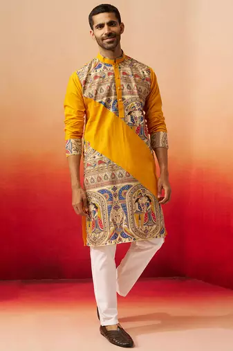 yellow digital print kurta with pyjama - high neck traditional set