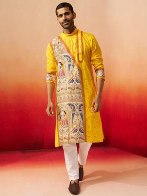 yellow digital print kurta with pyjama - high neck traditional set 1