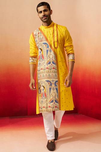 yellow digital print kurta with pyjama - high neck traditional set