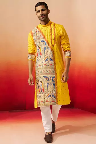 yellow digital print kurta with pyjama - high neck traditional set