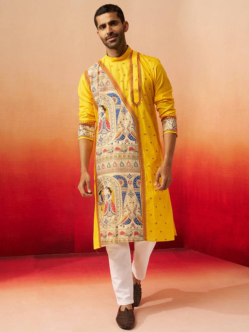 yellow digital print kurta with pyjama - high neck traditional set
